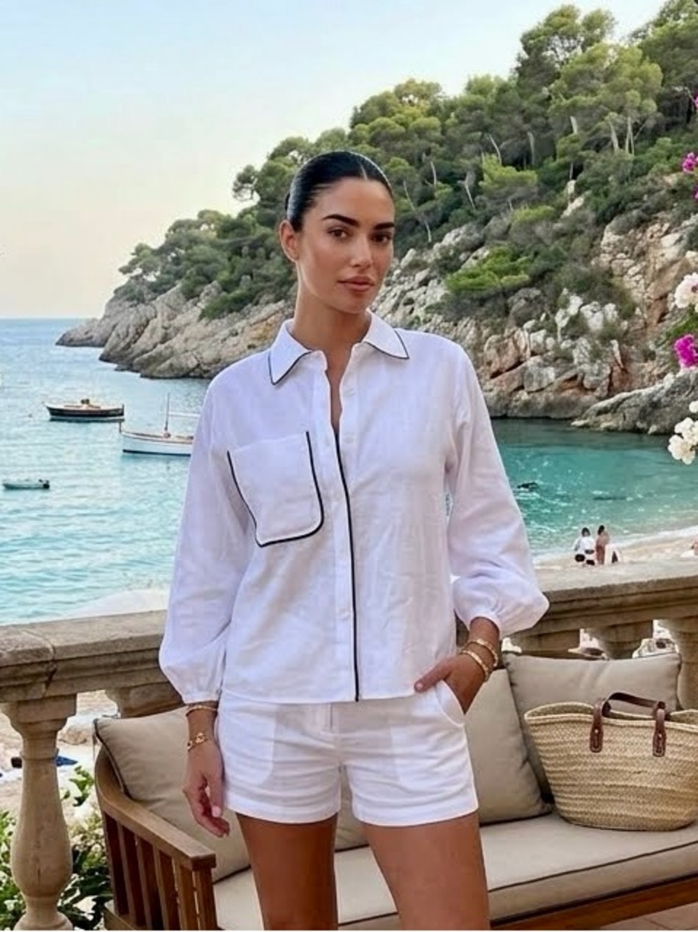 Commense White Cotton Linen Button Up Shirt Black Contrast Piping Oversized L